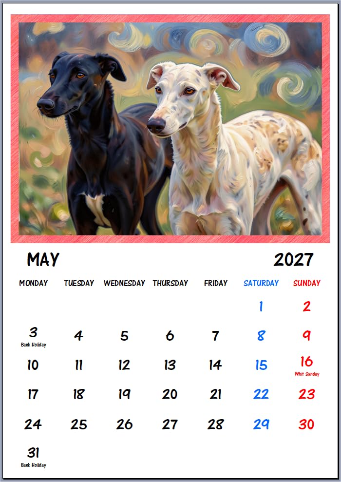 Greyhound Whippets 2027 Art Wall Hanging Calendar A4 Each Month Size