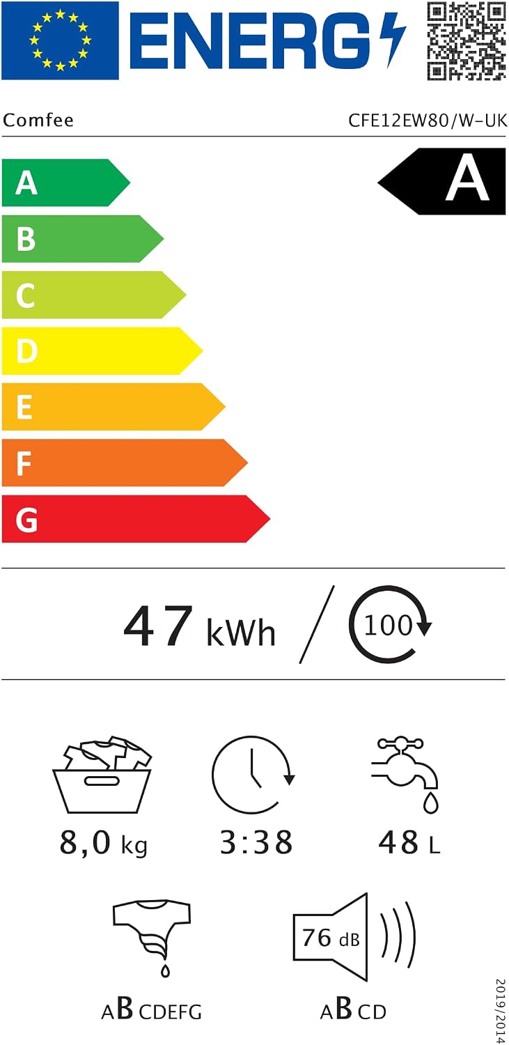 COMFEE' 8kg Washing Machine CFE12EW80/W-UK – Energy Class A, 1400rpm, Slim 48cm Depth, Steam Wash, BLDC Inverter Motor, White