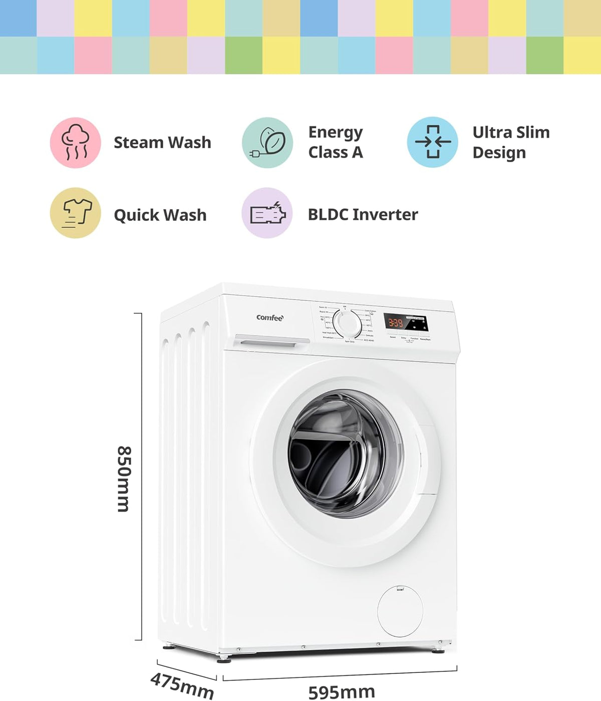 COMFEE' 8kg Washing Machine CFE12EW80/W-UK – Energy Class A, 1400rpm, Slim 48cm Depth, Steam Wash, BLDC Inverter Motor, White