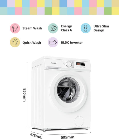 COMFEE' 8kg Washing Machine CFE12EW80/W-UK – Energy Class A, 1400rpm, Slim 48cm Depth, Steam Wash, BLDC Inverter Motor, White