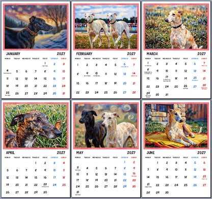 Greyhound Whippets 2027 Art Wall Hanging Calendar A4 Each Month Size