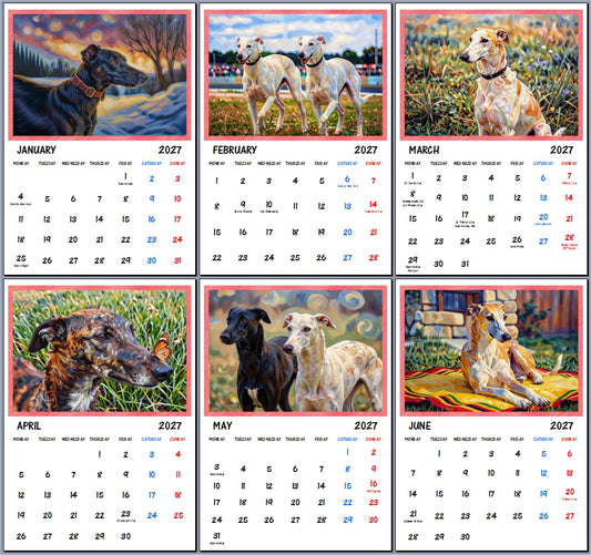 Greyhound Whippets 2027 Art Wall Hanging Calendar A4 Each Month Size