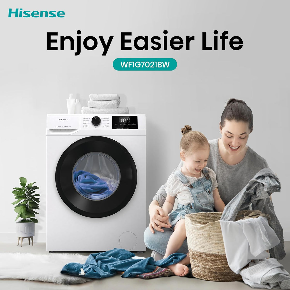 Hisense WF1G7021BW Freestanding 7 KG-Front Load Durable Inverter Washing Machine, Steam Wash-Quick Wash-15 Washing Programs-1200 RPM-White-Energy Rating B [Energy Class B]
