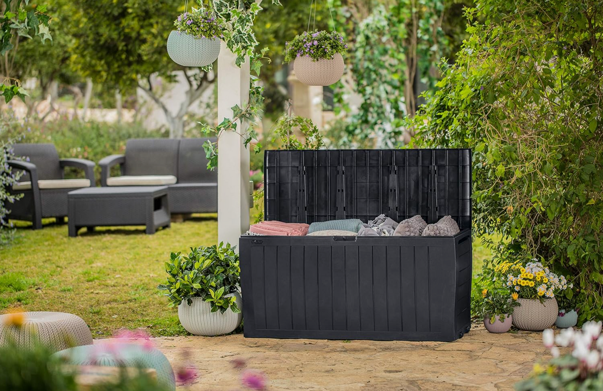 Keter Marvel+ 270L Garden Storage Box Graphite Wood Effect, Weatherproof