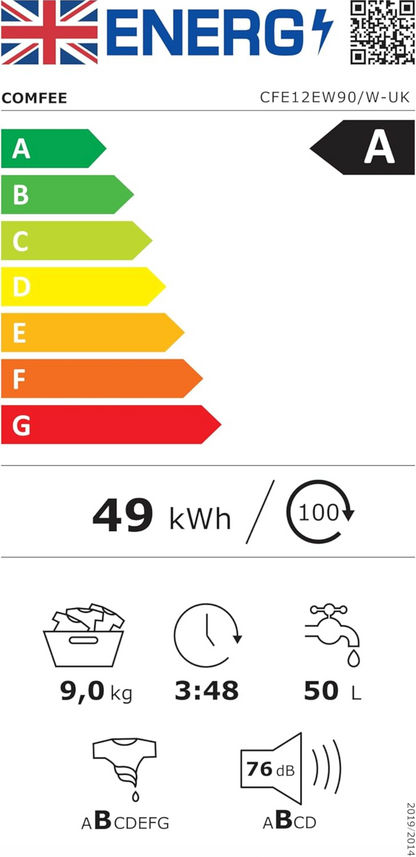 COMFEE' CFE12EW90 Freestanding Washing Machine 9kg - 1400 RPM, BLDC Inverter, Steam Wash, White