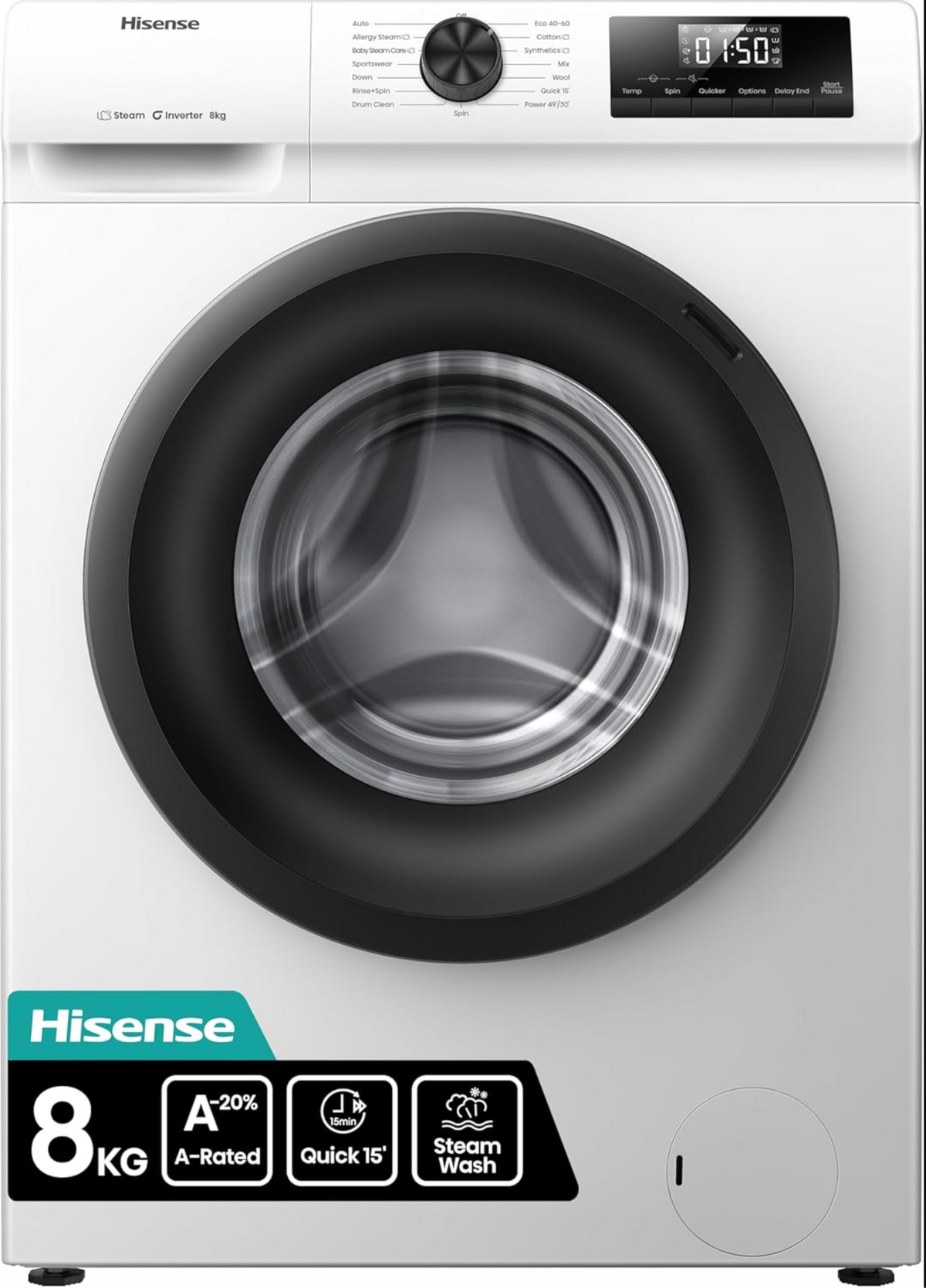 Hisense WF1Q8041BW Freestanding Washing Machine 8kg - 1400 RPM, Inverter, Steam Wash, White