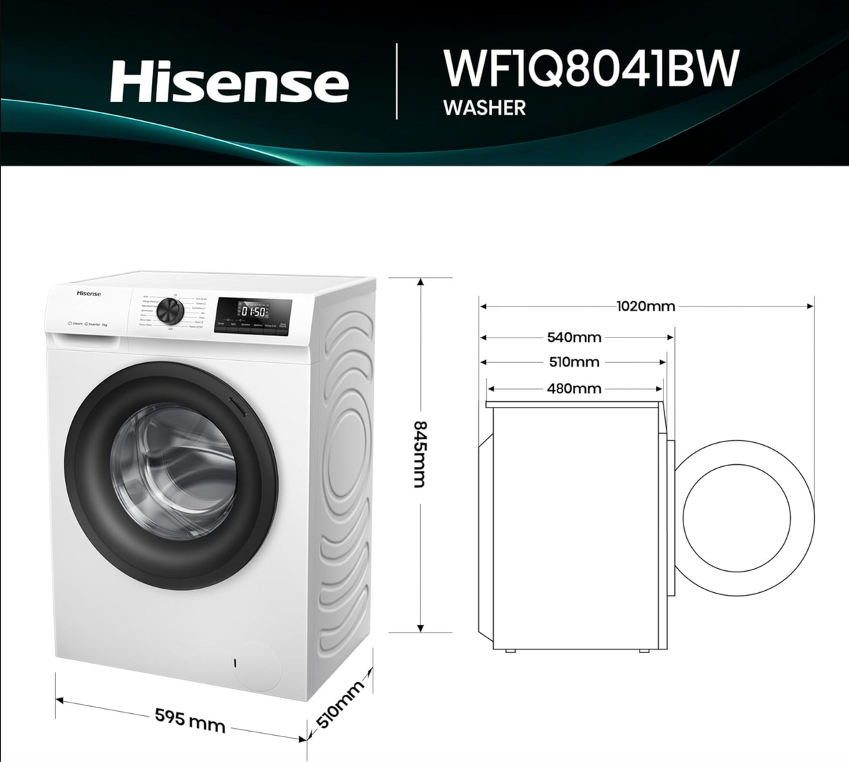 Hisense WF1Q8041BW Freestanding Washing Machine 8kg - 1400 RPM, Inverter, Steam Wash, White