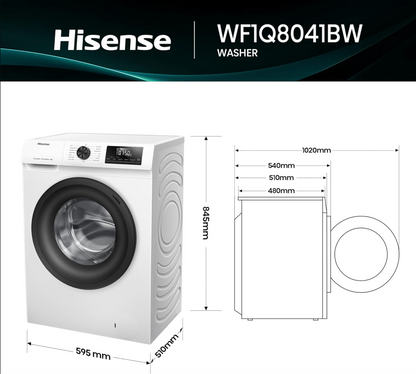 Hisense WF1Q8041BW Freestanding Washing Machine 8kg - 1400 RPM, Inverter, Steam Wash, White